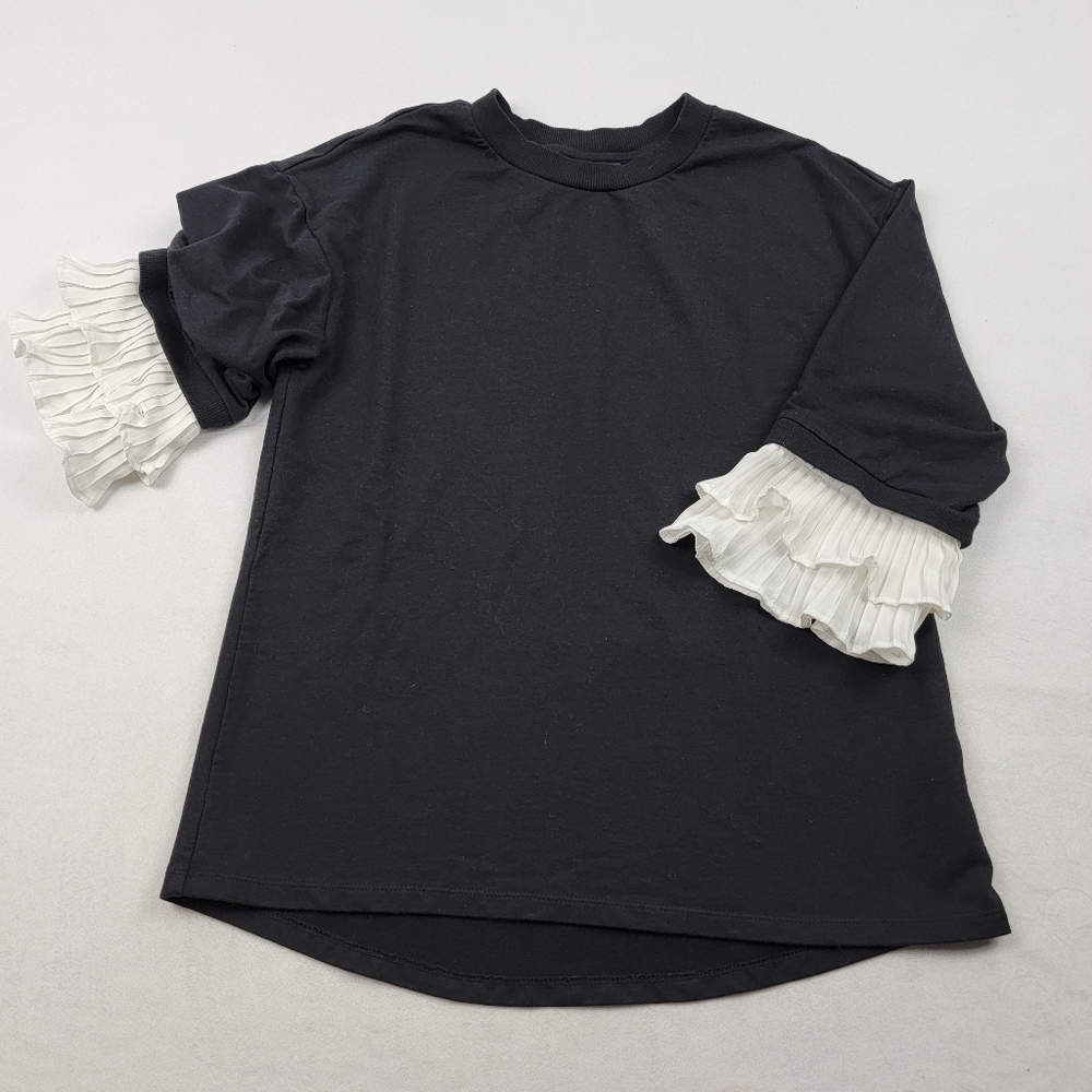 Kaari Blue white ruffle cuff‎ highneck black sweatshirt